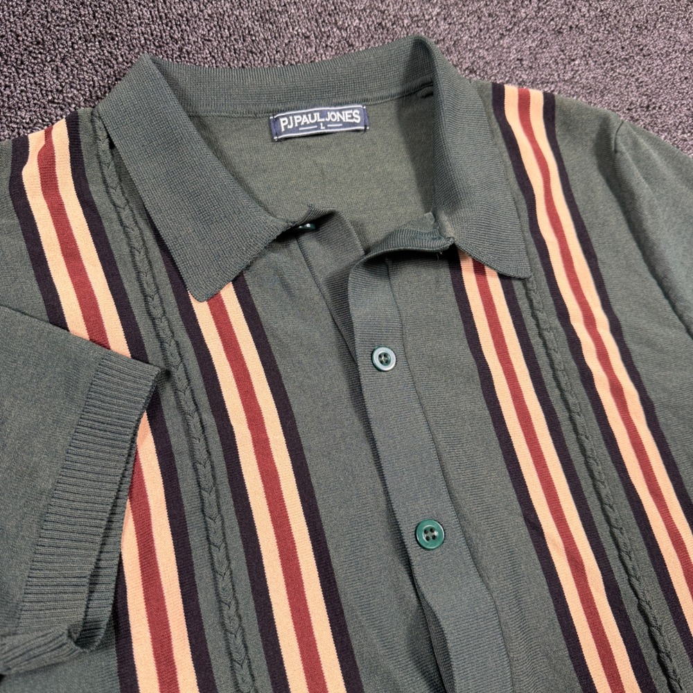 PJ Paul Jones Men's Large Green Striped Cable Knit Button Up Polo Shirt Bowling